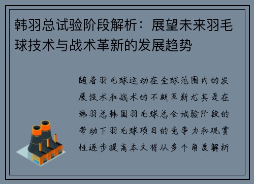 韩羽总试验阶段解析：展望未来羽毛球技术与战术革新的发展趋势