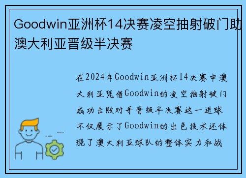 Goodwin亚洲杯14决赛凌空抽射破门助澳大利亚晋级半决赛